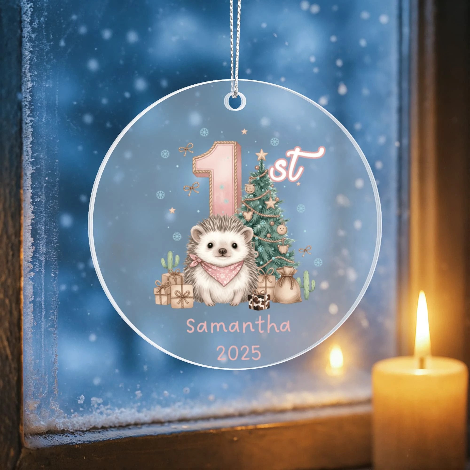 Baby's First Christmas Cute Hedgehog Girl's Western Style Acrylic Ornament – Personalized Name and Year – Holiday Keepsake – 3” Clear Round Ornament for Newborns, Infants