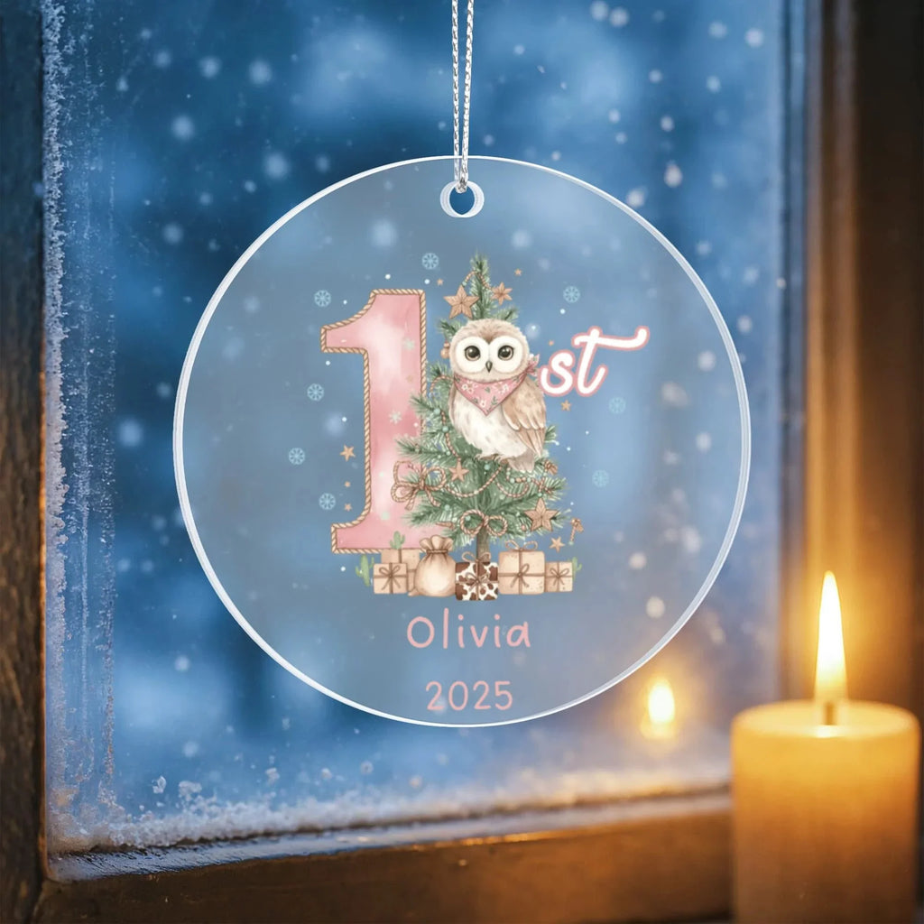 Baby's First Christmas Cute Owl Girl's Western Style Acrylic Ornament – Personalized Name and Year – Holiday Keepsake – 3” Clear Round Ornament for Newborns, Infants