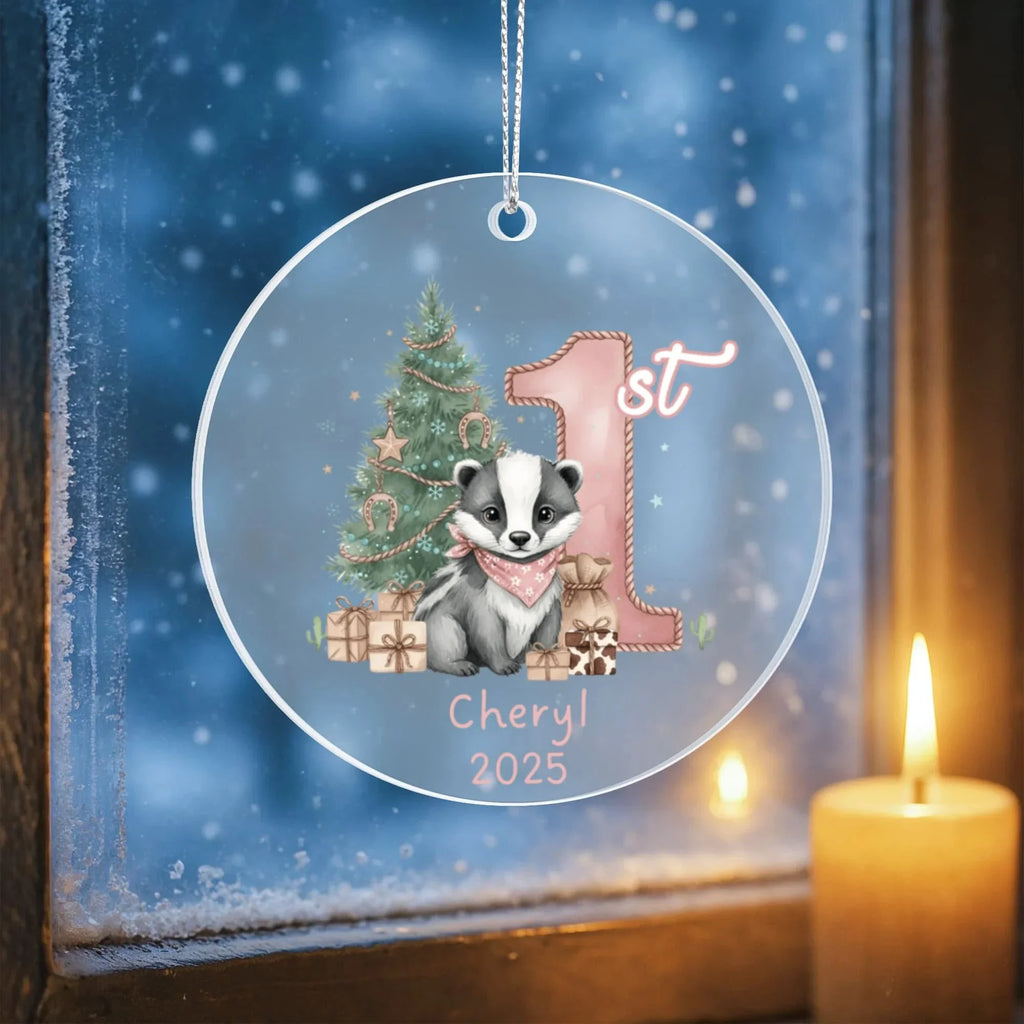 Baby's First Christmas Cute Badger Girl's Western Style Acrylic Ornament – Personalized Name and Year – Holiday Keepsake – 3” Clear Round Ornament for Newborns, Infants