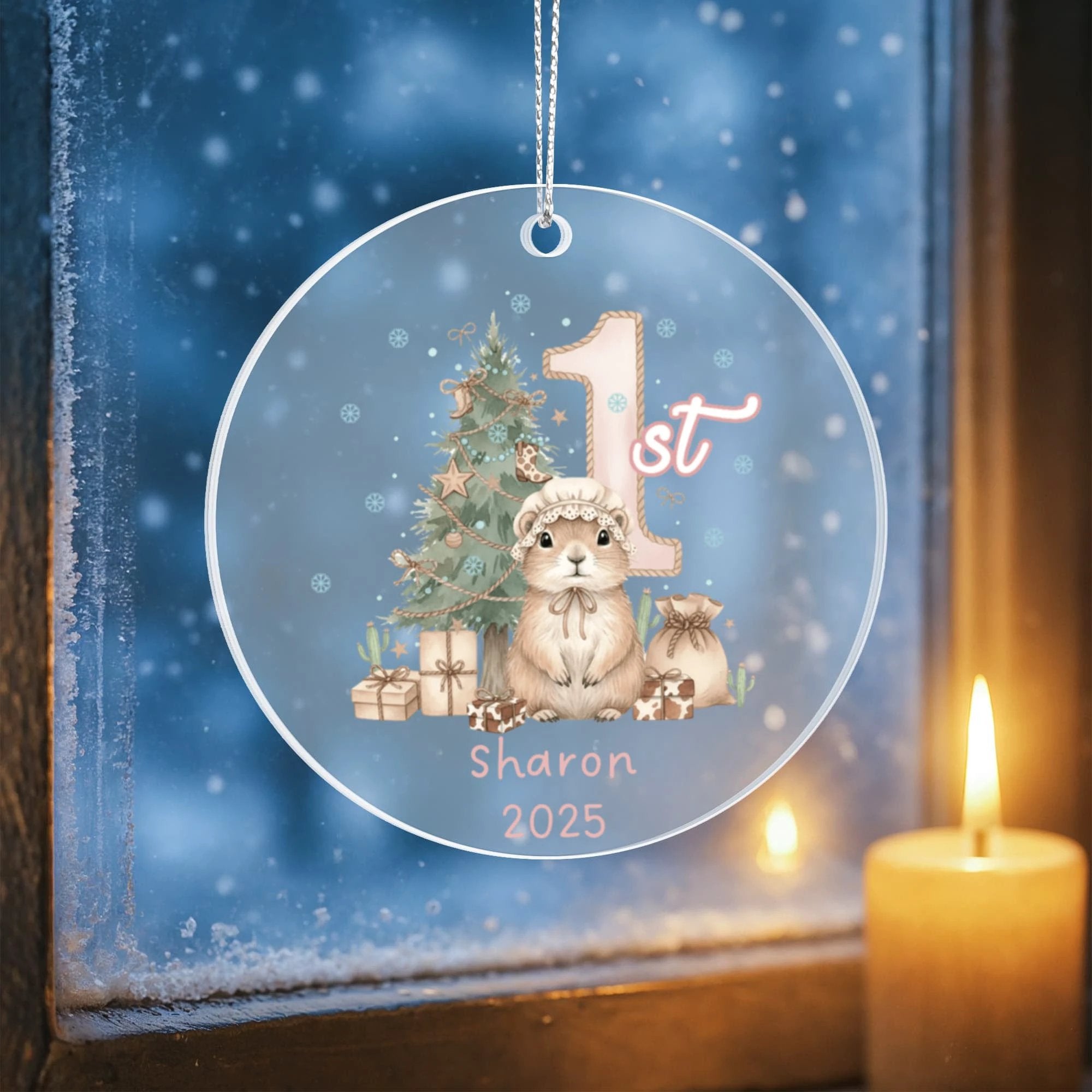 Baby's First Christmas Cute Mouse Girl's Western Style Acrylic Ornament – Personalized Name and Year – Holiday Keepsake – 3” Clear Round Ornament for Newborns, Infants