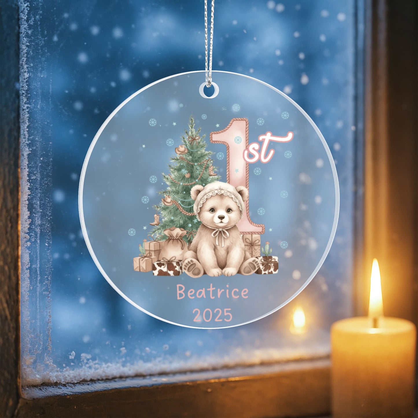 Baby's First Christmas Cute Bear Girl's Western Style Acrylic Ornament – Personalized Name Holiday Keepsake