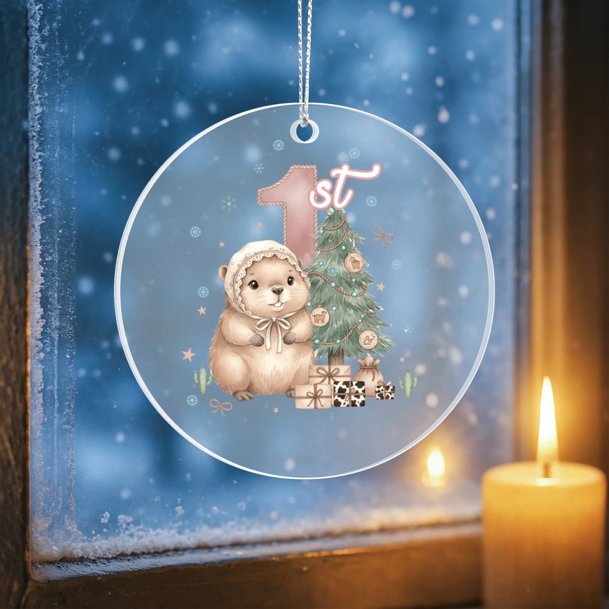 Baby's First Christmas Cute Beaver Girl's Western Style Acrylic Ornament – Personalized Name and Year – Holiday Keepsake – 3” Clear Round Ornament for Newborns, infants