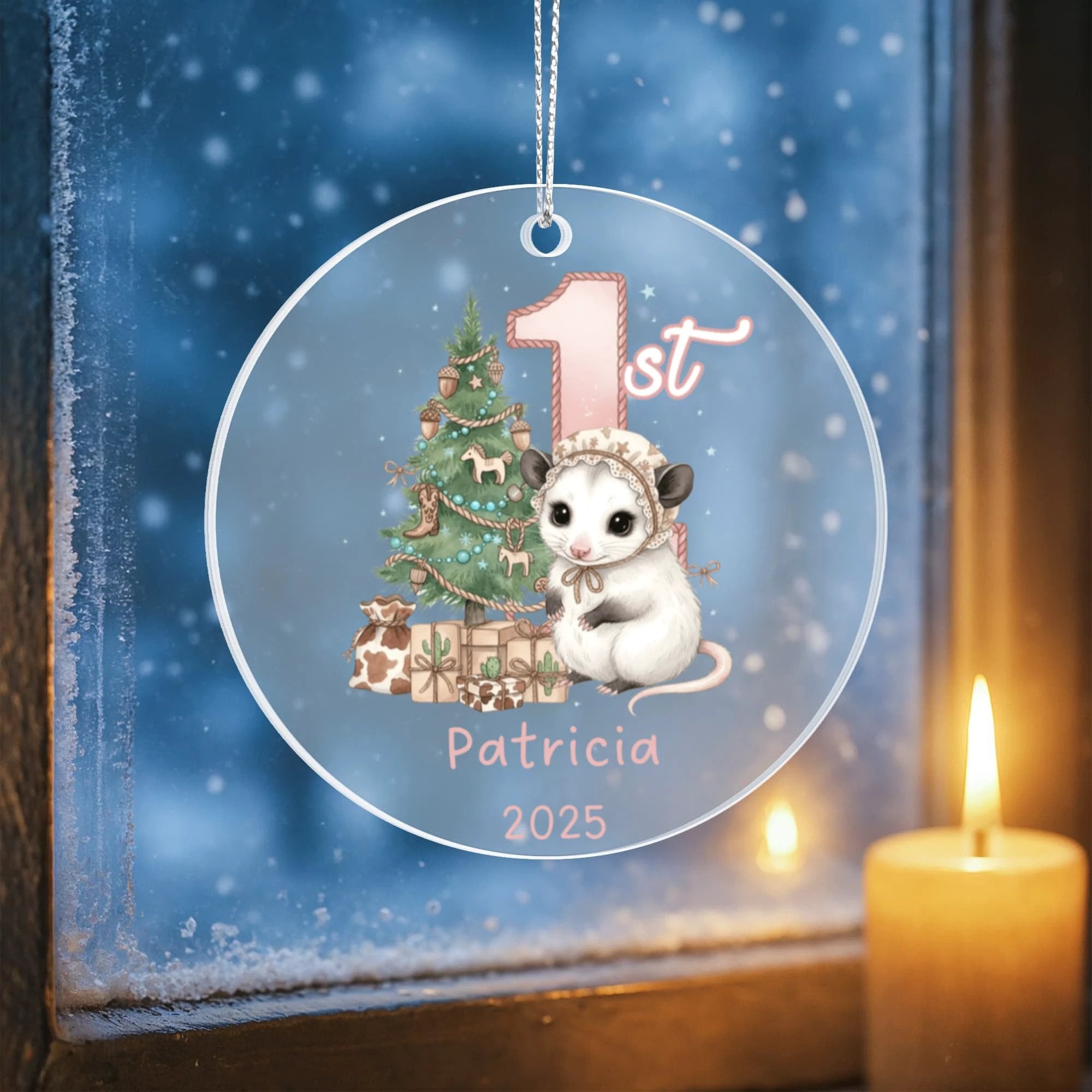 Baby's First Christmas Cute Possum Girl's Western Style Acrylic Ornament – Personalized Name and Year – Holiday Keepsake – 3” Clear Round Ornament for Newborns, Infants