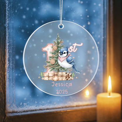 Baby's First Christmas Cute Blue Jay Girl's Western Style Acrylic Ornament – Personalized Name and Year – Holiday Keepsake – 3” Clear Round Ornament for Newborns, Infants