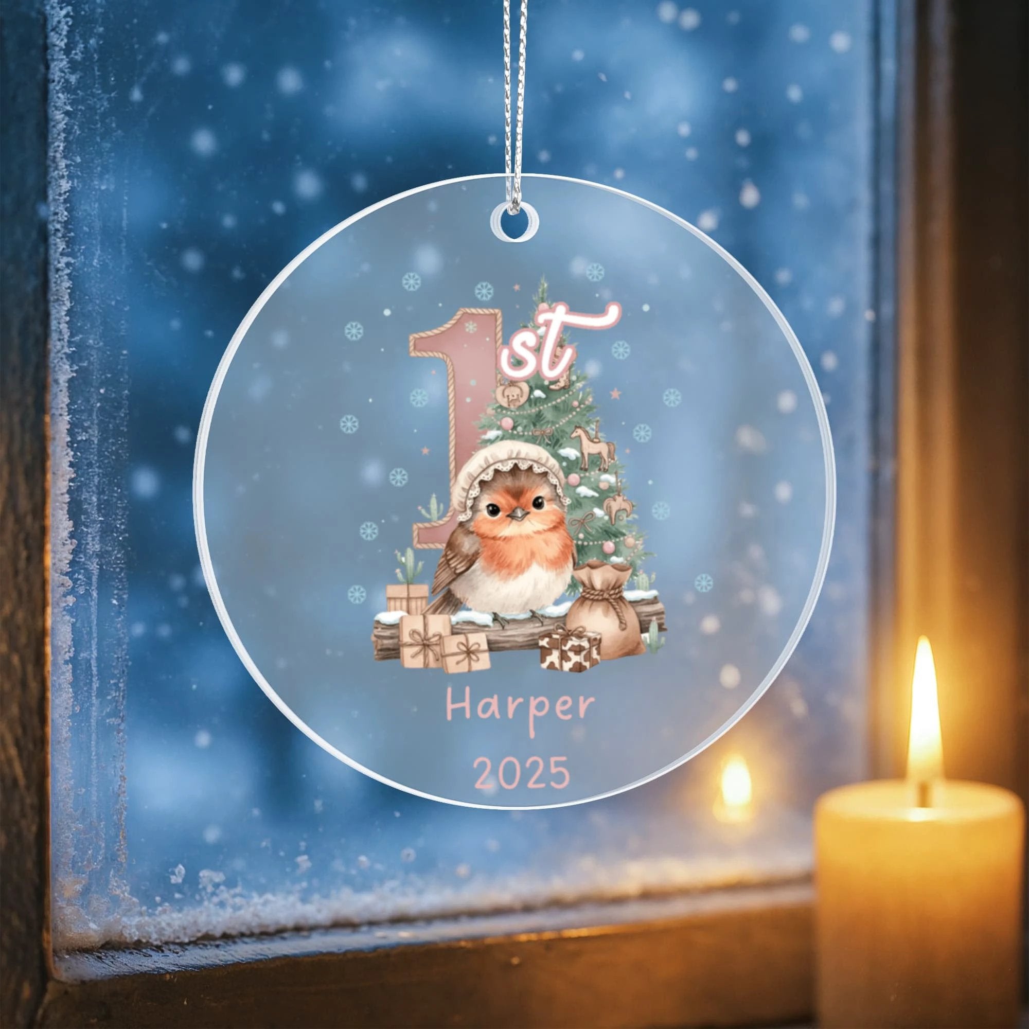 Baby's First Christmas Cute Bird Girl's Western Style Acrylic Ornament – Personalized Name and Year – Holiday Keepsake – 3” Clear Round Ornament for Newborns, Infants