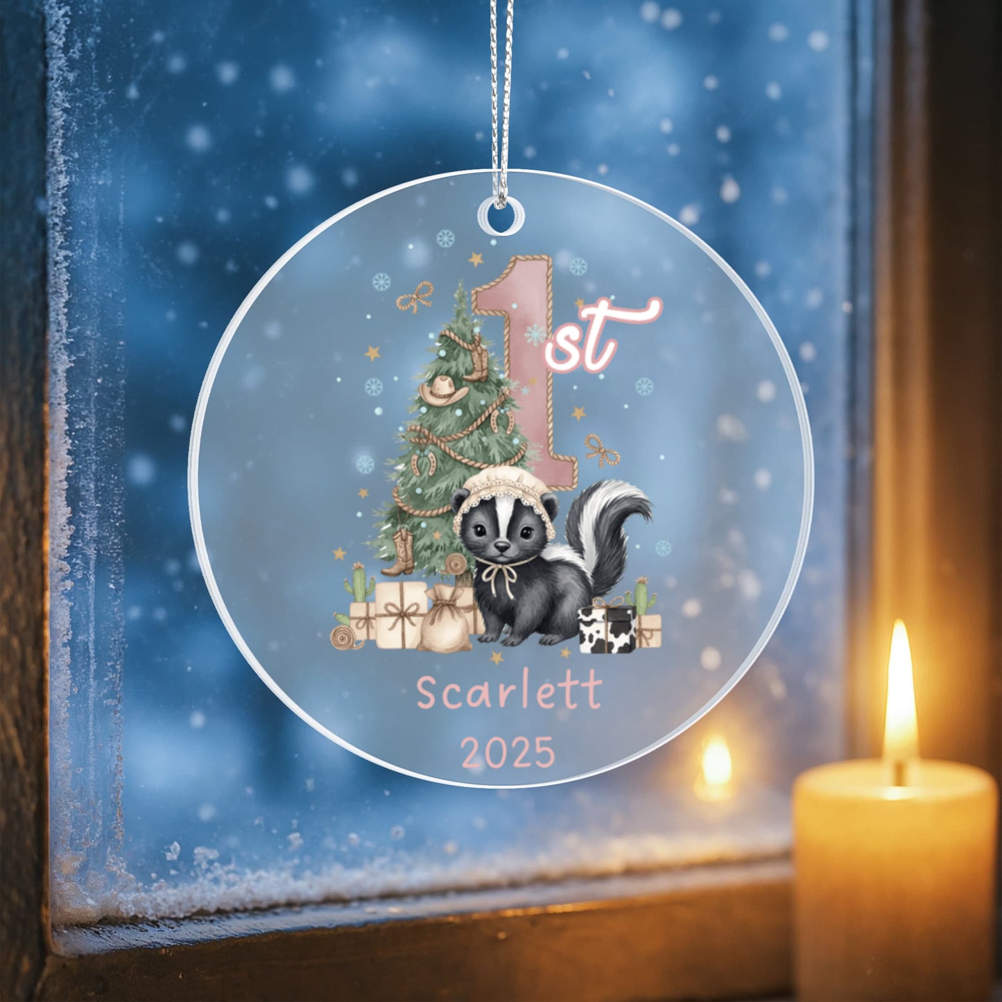 Baby's First Christmas Cute Skunk Girl's Western Style Acrylic Ornament – Personalized Name and Year – Holiday Keepsake – 3” Clear Round Ornament for Newborns, Infants