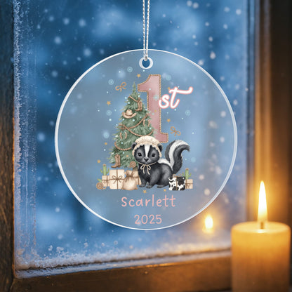 Baby's First Christmas Cute Skunk Girl's Western Style Acrylic Ornament – Personalized Name and Year – Holiday Keepsake – 3” Clear Round Ornament for Newborns, Infants