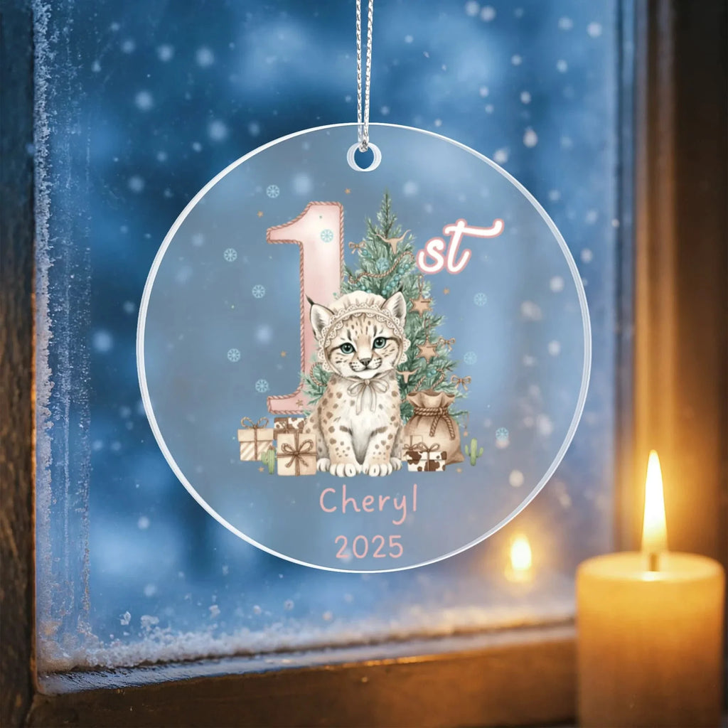 Baby's First Christmas Cute Cheetah Girl's Western Style Acrylic Ornament – Personalized Name andYear – Holiday Keepsake – 3” Clear Round Ornament for Newborns & Infants