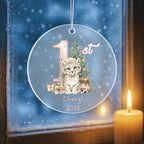 Baby's First Christmas Cute Cheetah Girl's Western Style Acrylic Ornament – Personalized Name andYear – Holiday Keepsake – 3” Clear Round Ornament for Newborns & Infants