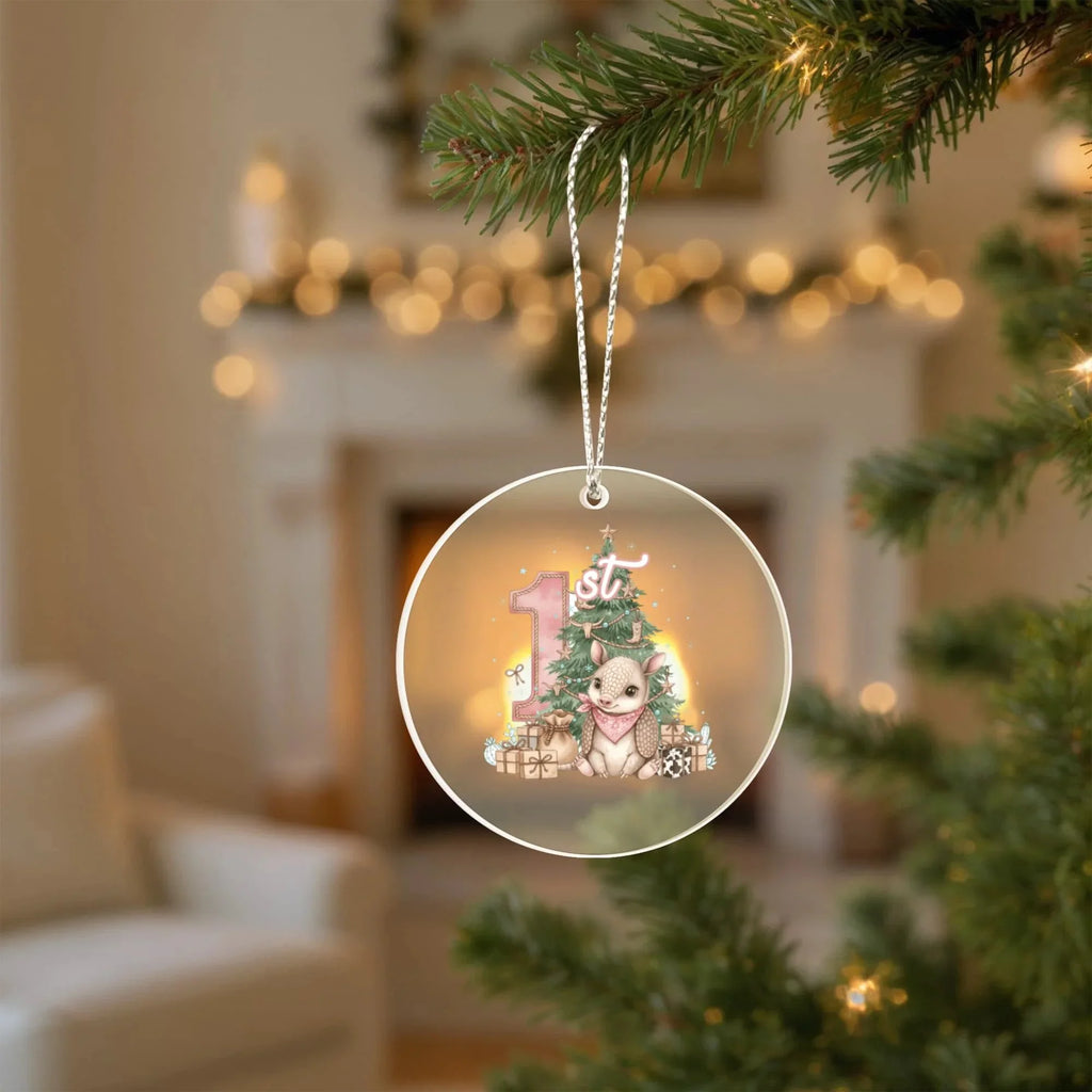 Baby's First Christmas Acrylic Ornament – Personalized Name and Year – Cute Armadillo Western Holiday Keepsake – 3” Clear Round Ornament for Newborns, Infants