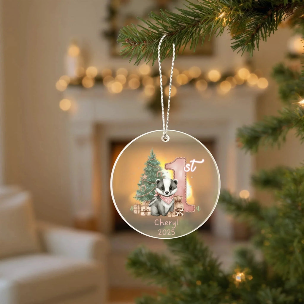 Baby's First Christmas Cute Badger Girl's Western Style Acrylic Ornament – Personalized Name and Year – Holiday Keepsake – 3” Clear Round Ornament for Newborns, Infants