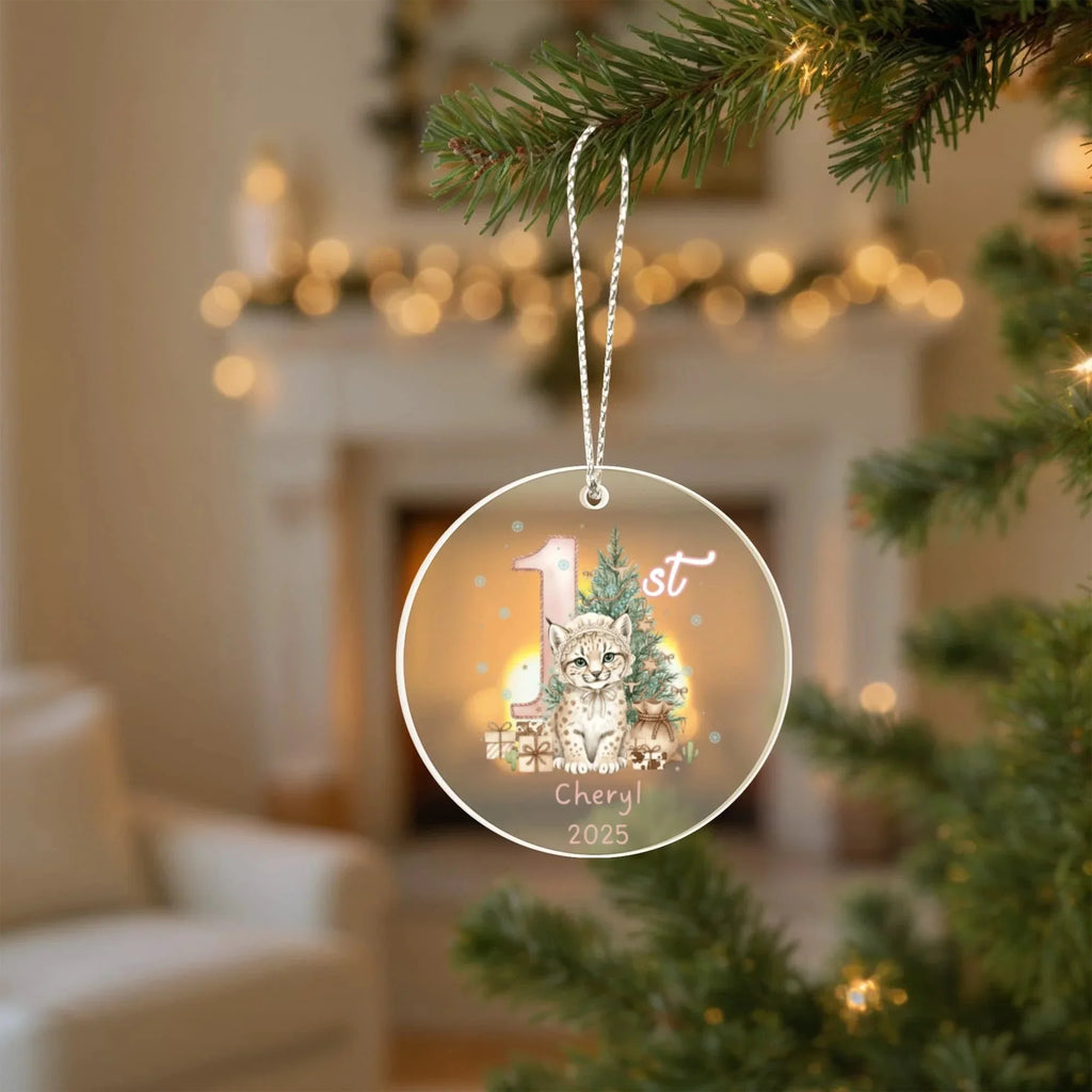 Baby's First Christmas Cute Cheetah Girl's Western Style Acrylic Ornament – Personalized Name andYear – Holiday Keepsake – 3” Clear Round Ornament for Newborns & Infants