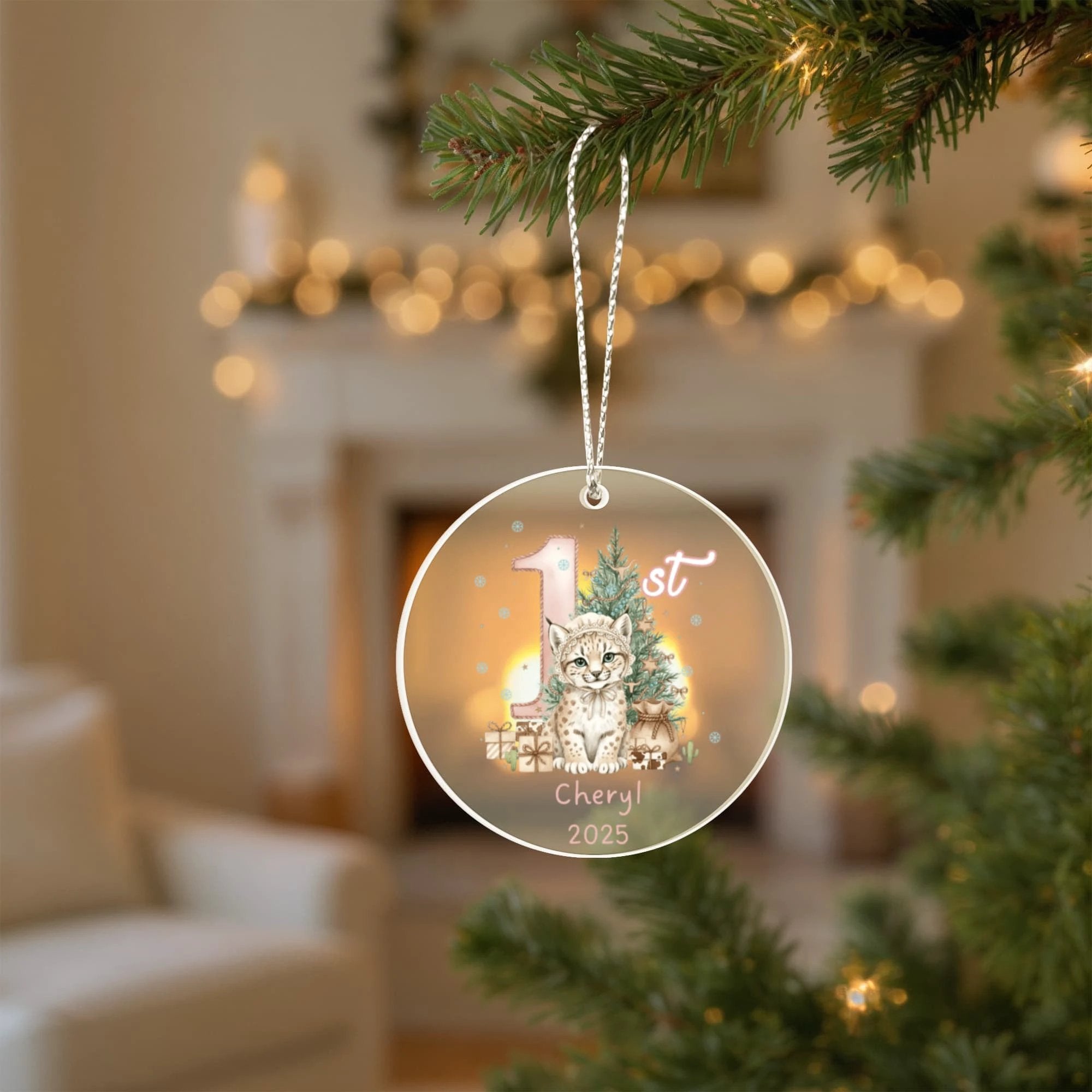 Baby's First Christmas Cute Cheetah Girl's Western Style Acrylic Ornament – Personalized Name andYear – Holiday Keepsake – 3” Clear Round Ornament for Newborns & Infants
