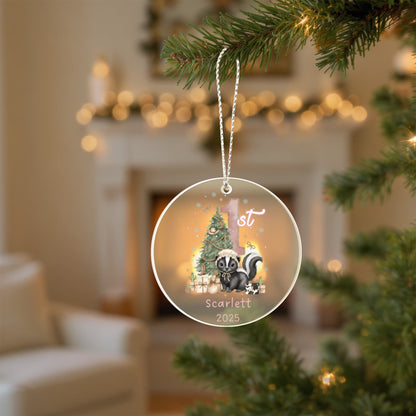 Baby's First Christmas Cute Skunk Girl's Western Style Acrylic Ornament – Personalized Name and Year – Holiday Keepsake – 3” Clear Round Ornament for Newborns, Infants