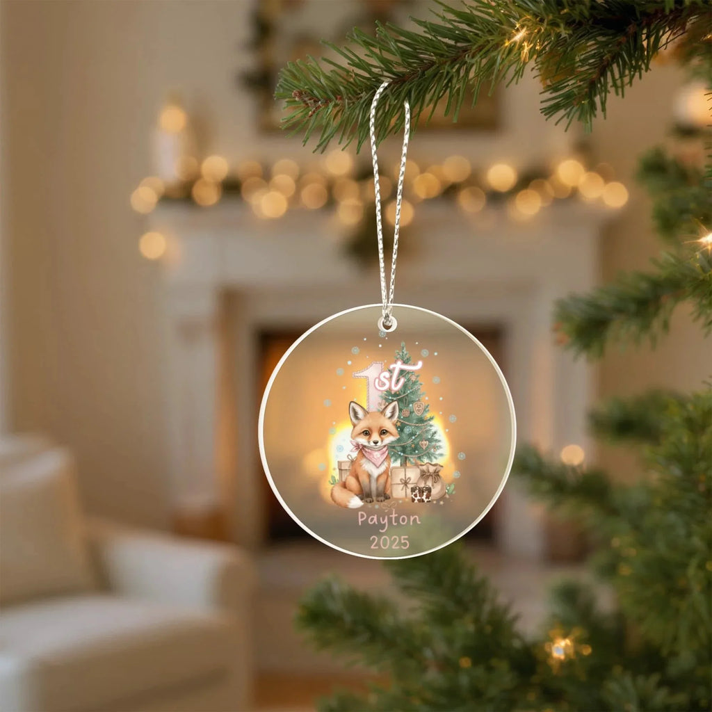 Baby's First Christmas Cute Fox Girl's Western Style Acrylic Ornament – Personalized Name and Year – Holiday Keepsake – 3” Clear Round Ornament for Newborns, Infants