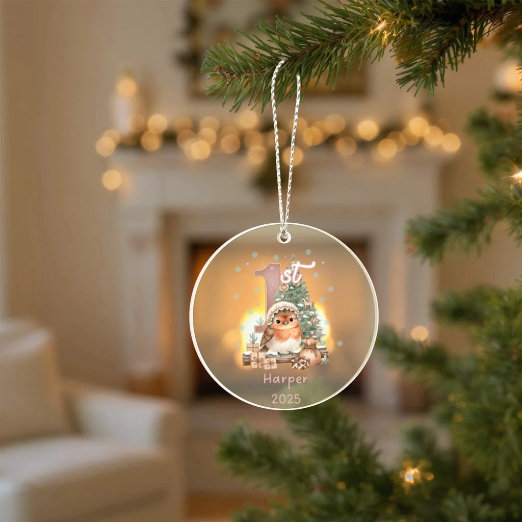 Baby's First Christmas Cute Bird Girl's Western Style Acrylic Ornament – Personalized Name and Year – Holiday Keepsake – 3” Clear Round Ornament for Newborns, Infants