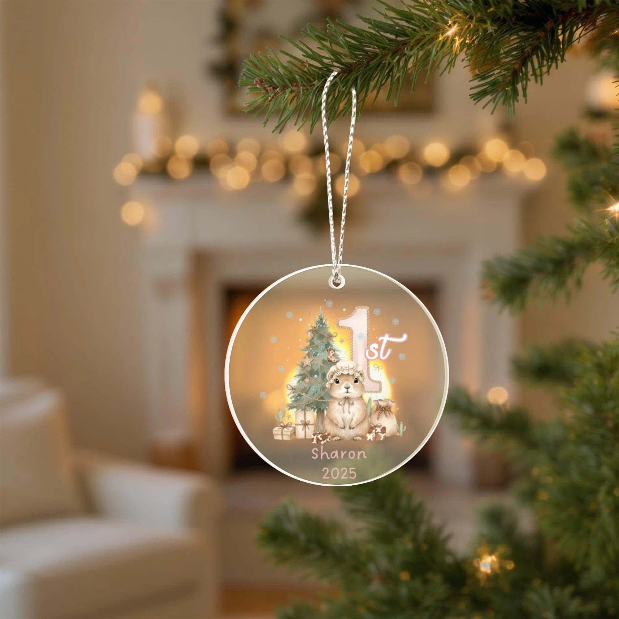 Baby's First Christmas Cute Mouse Girl's Western Style Acrylic Ornament – Personalized Name and Year – Holiday Keepsake – 3” Clear Round Ornament for Newborns, Infants