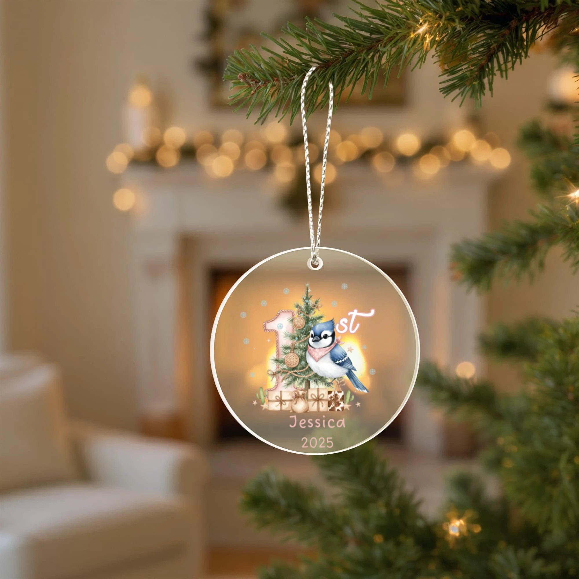 Baby's First Christmas Cute Blue Jay Girl's Western Style Acrylic Ornament – Personalized Name and Year – Holiday Keepsake – 3” Clear Round Ornament for Newborns, Infants