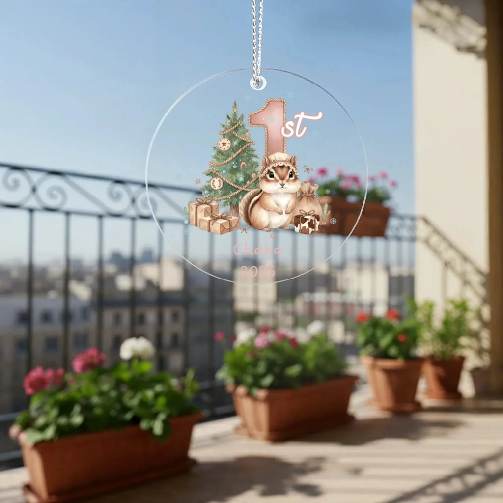 Baby's First Christmas Cute Chipmunk Girl's Western Style Acrylic Ornament – Personalized Name and Year – Holiday Keepsake – 3” Clear Round Ornament for Newborns, Infants