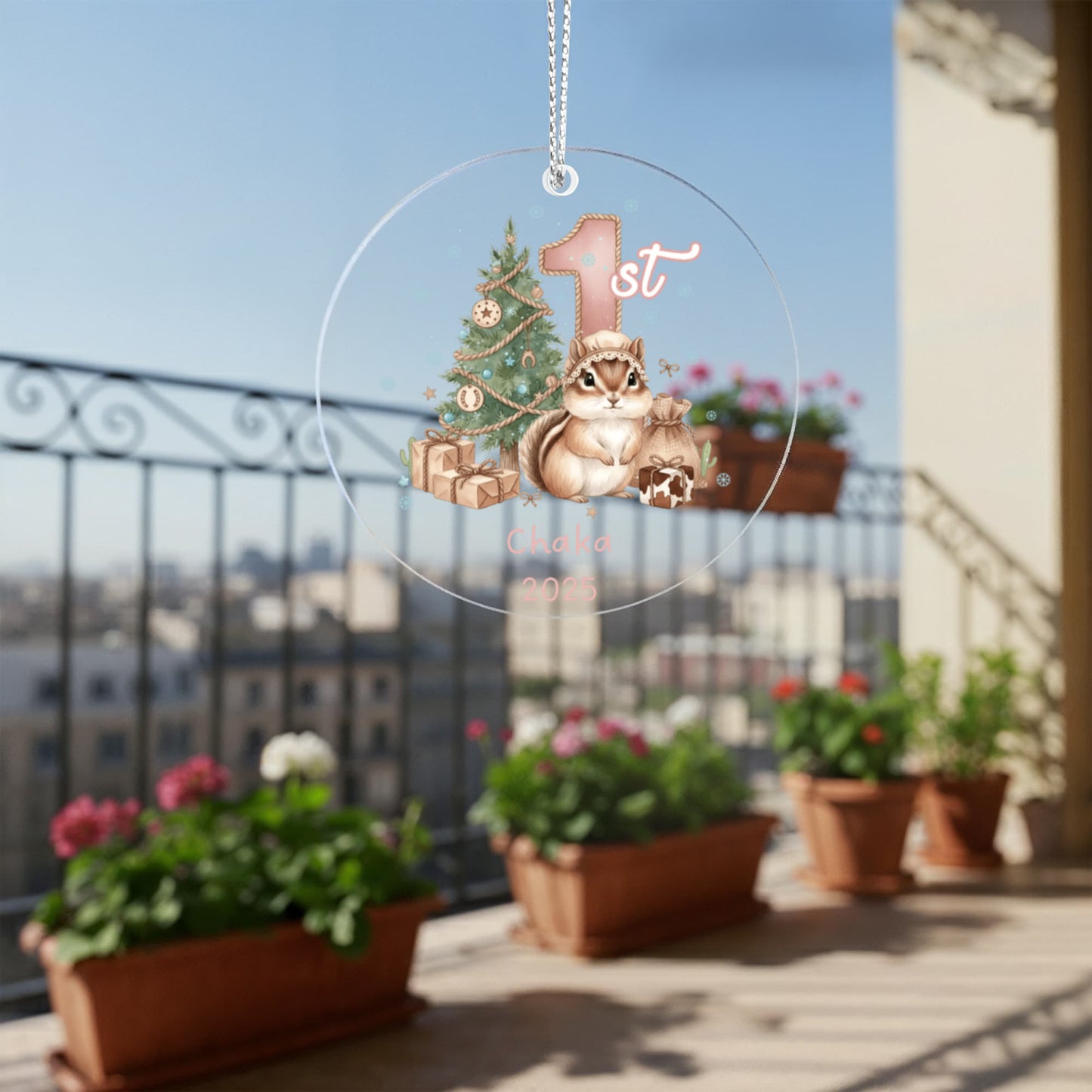 Baby's First Christmas Cute Chipmunk Girl's Western Style Acrylic Ornament – Personalized Name and Year – Holiday Keepsake – 3” Clear Round Ornament for Newborns, Infants