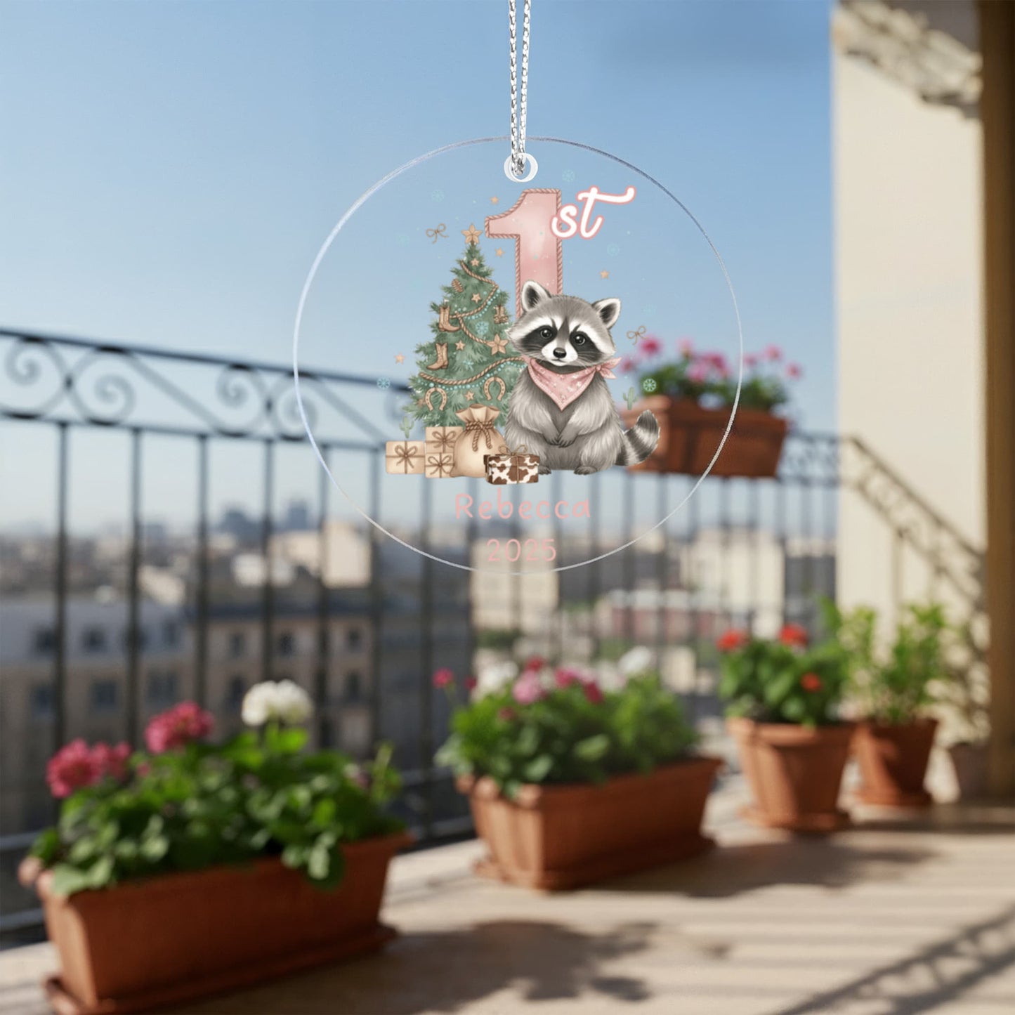 Baby Girl First Christmas Raccoon Western Style Acrylic Ornament – Personalized Name and Year – Holiday Keepsake – 3” Clear Round Ornament for Newborns, Infants