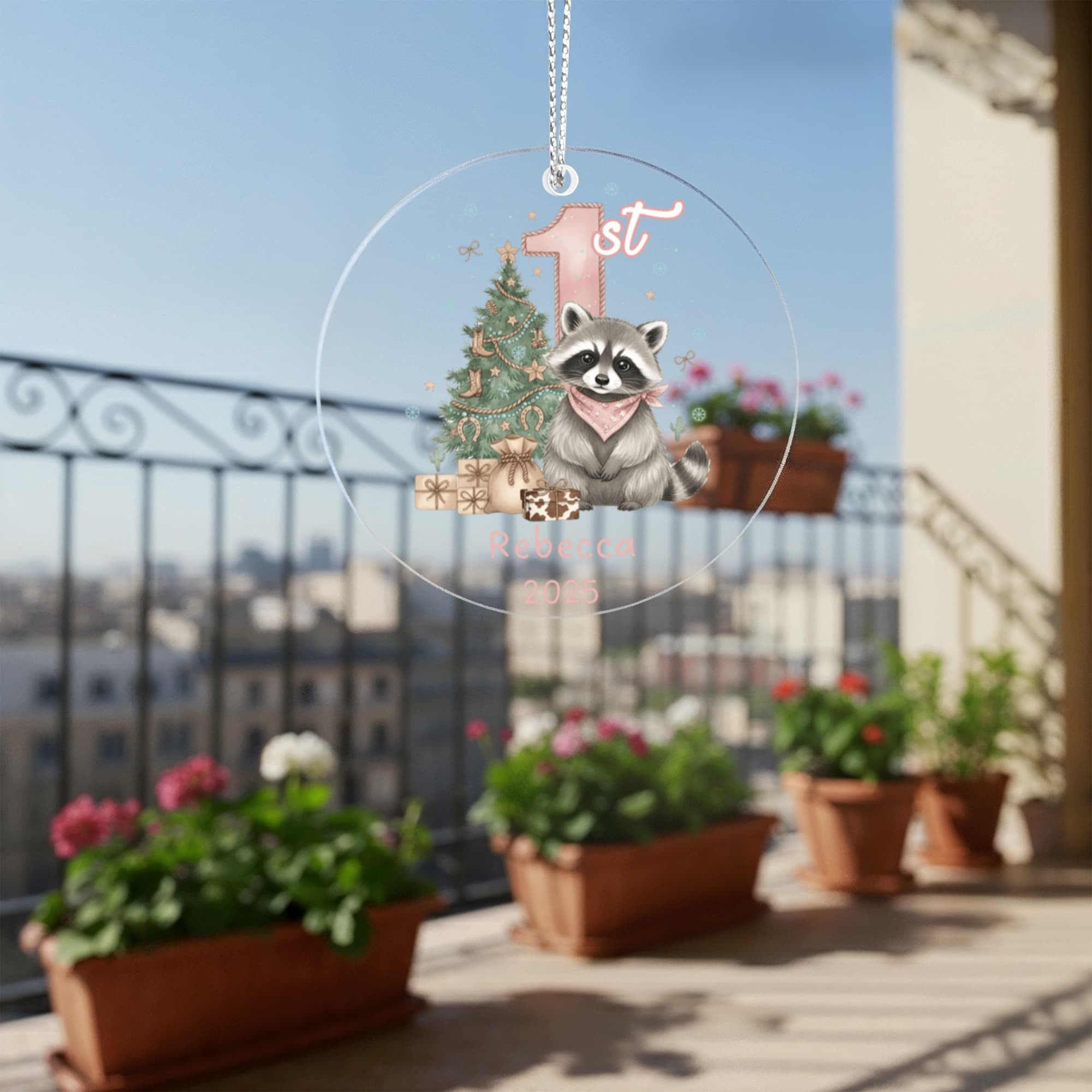 Baby Girl First Christmas Raccoon Western Style Acrylic Ornament – Personalized Name and Year – Holiday Keepsake – 3” Clear Round Ornament for Newborns, Infants