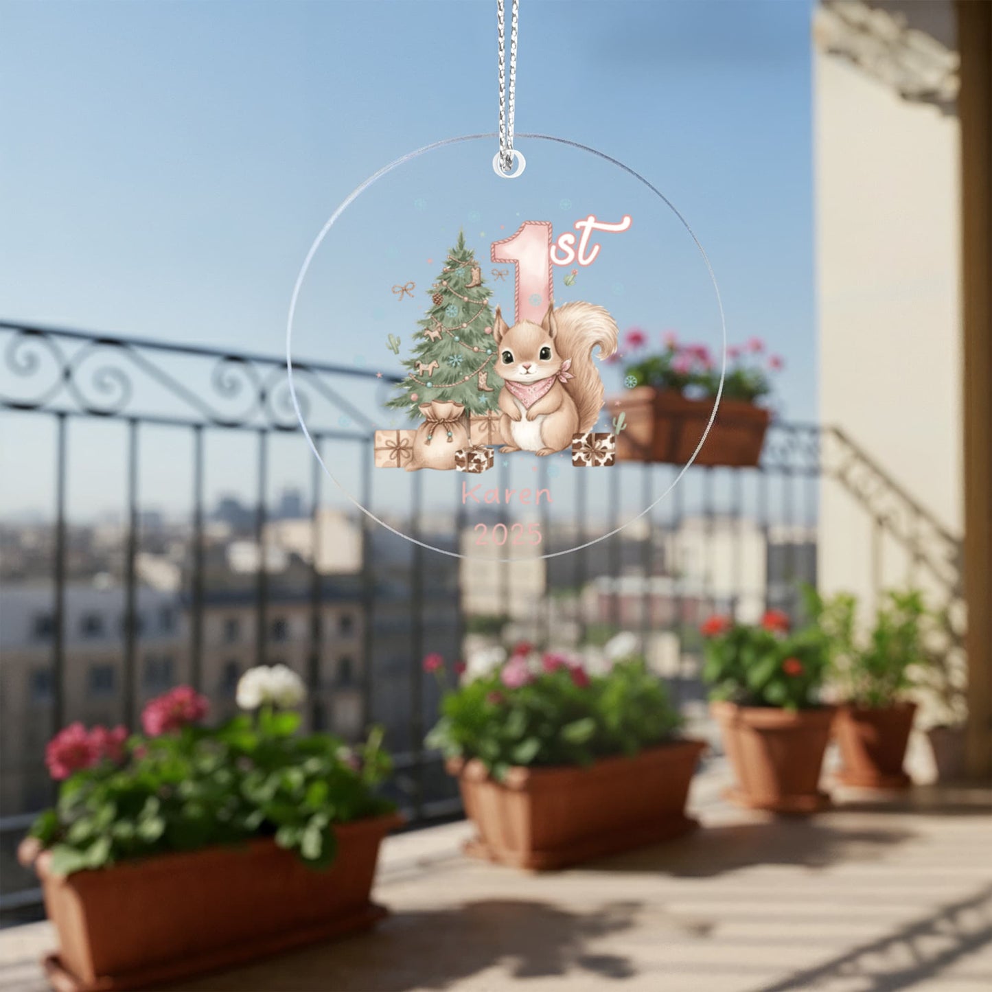 Baby's First Christmas Cute Squirrel Girl's Western Style Acrylic Ornament – Personalized Name and Year – Holiday Keepsake – 3” Clear Round Ornament for Newborns, Infants