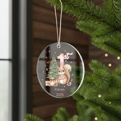 Baby's First Christmas Cute Squirrel Girl's Western Style Acrylic Ornament – Personalized Name and Year – Holiday Keepsake – 3” Clear Round Ornament for Newborns, Infants