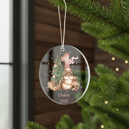 Baby's First Christmas Cute Chipmunk Girl's Western Style Acrylic Ornament – Personalized Name and Year – Holiday Keepsake – 3” Clear Round Ornament for Newborns, Infants