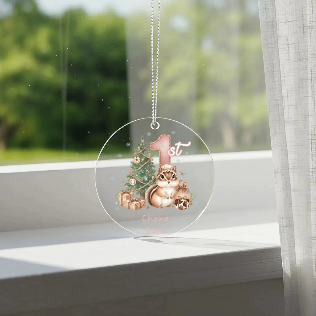 Baby's First Christmas Cute Chipmunk Girl's Western Style Acrylic Ornament – Personalized Name and Year – Holiday Keepsake – 3” Clear Round Ornament for Newborns, Infants