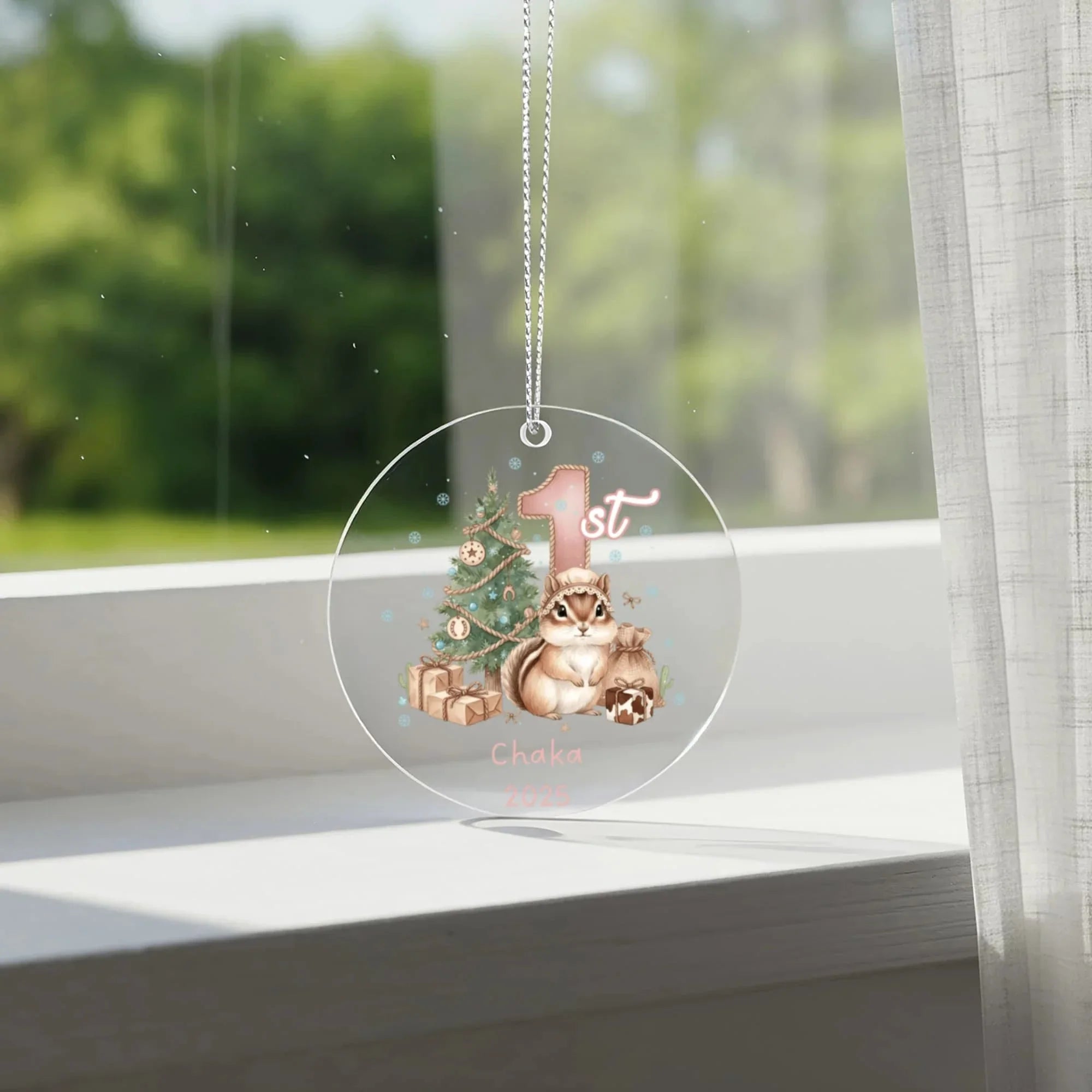 Baby's First Christmas Cute Chipmunk Girl's Western Style Acrylic Ornament – Personalized Name and Year – Holiday Keepsake – 3” Clear Round Ornament for Newborns, Infants