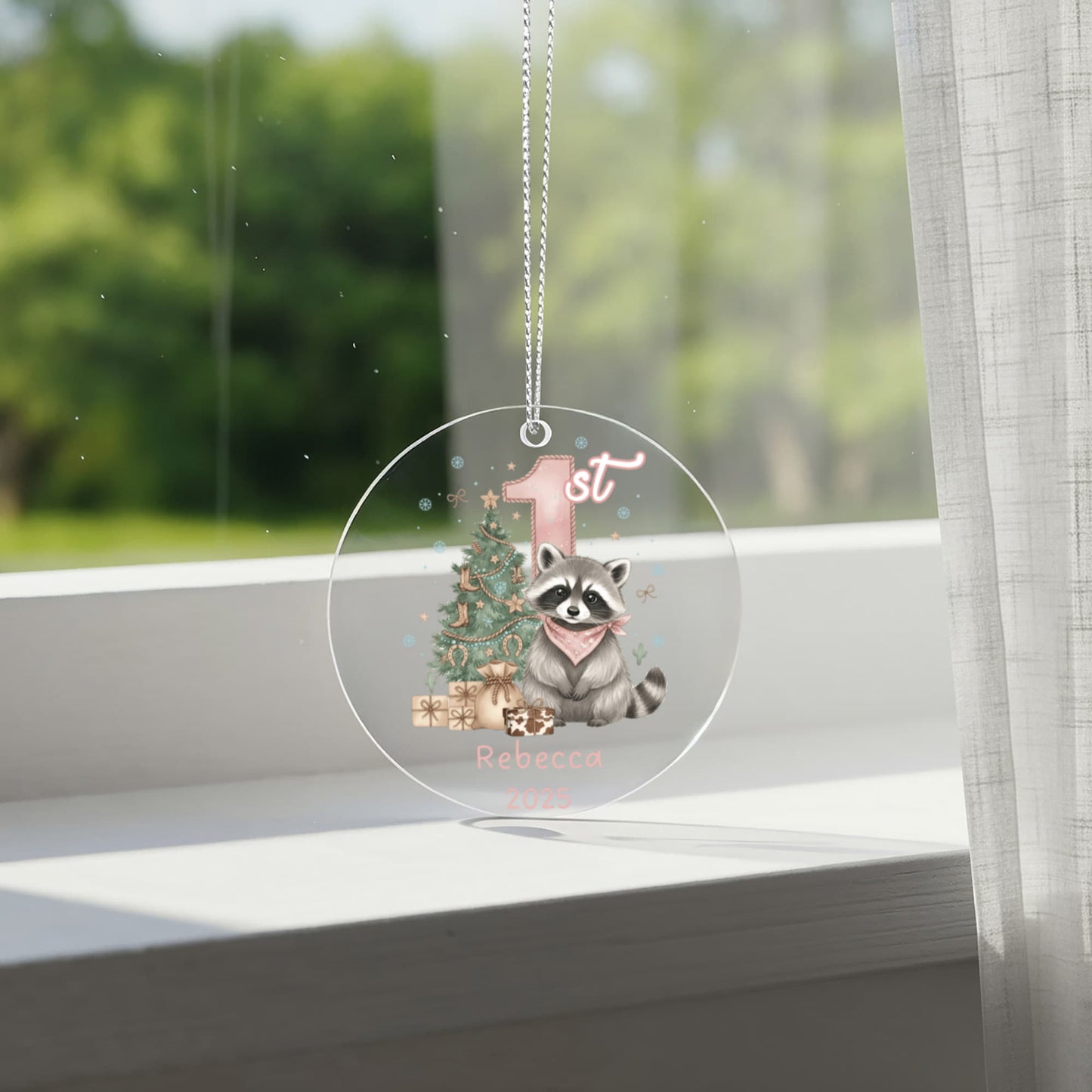 Baby Girl First Christmas Raccoon Western Style Acrylic Ornament – Personalized Name and Year – Holiday Keepsake – 3” Clear Round Ornament for Newborns, Infants