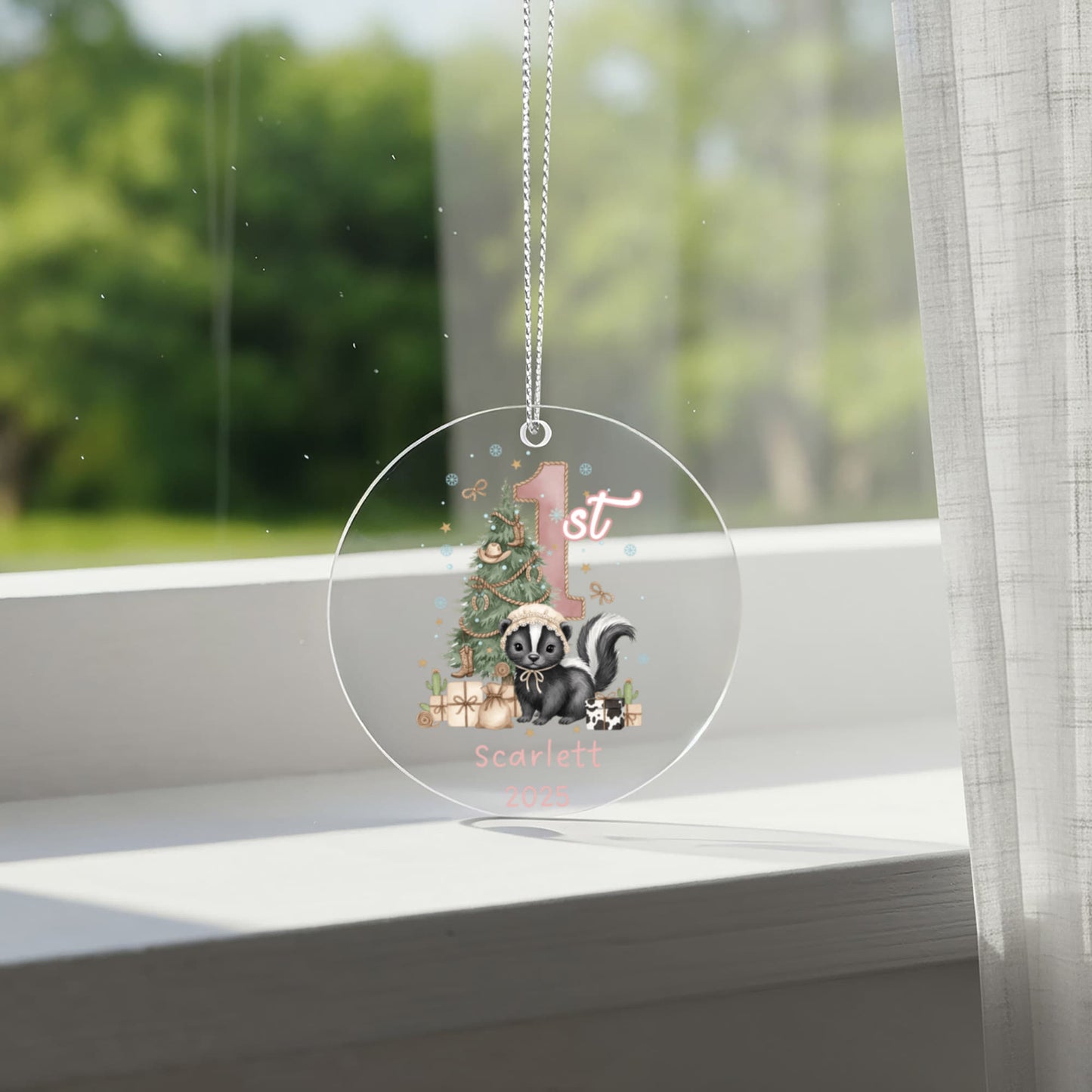 Baby's First Christmas Cute Skunk Girl's Western Style Acrylic Ornament – Personalized Name and Year – Holiday Keepsake – 3” Clear Round Ornament for Newborns, Infants