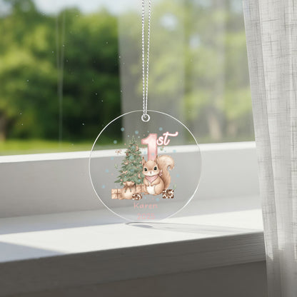 Baby's First Christmas Cute Squirrel Girl's Western Style Acrylic Ornament – Personalized Name and Year – Holiday Keepsake – 3” Clear Round Ornament for Newborns, Infants