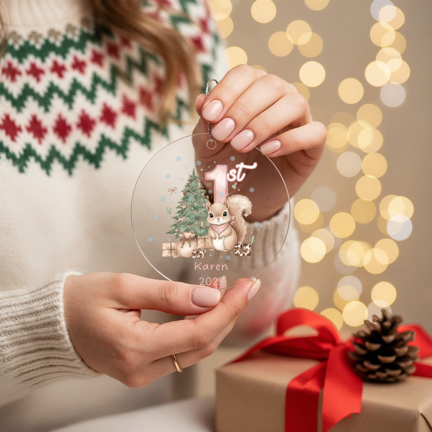 Baby's First Christmas Cute Squirrel Girl's Western Style Acrylic Ornament – Personalized Name and Year – Holiday Keepsake – 3” Clear Round Ornament for Newborns, Infants