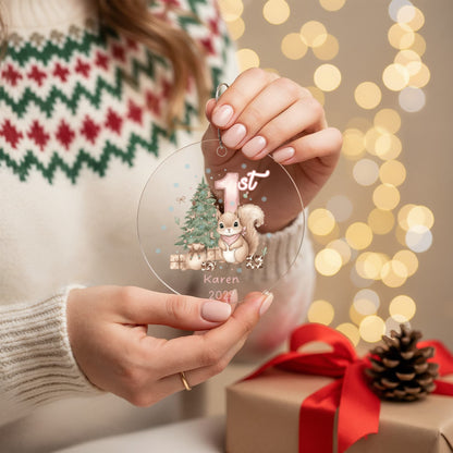 Baby's First Christmas Cute Squirrel Girl's Western Style Acrylic Ornament – Personalized Name and Year – Holiday Keepsake – 3” Clear Round Ornament for Newborns, Infants