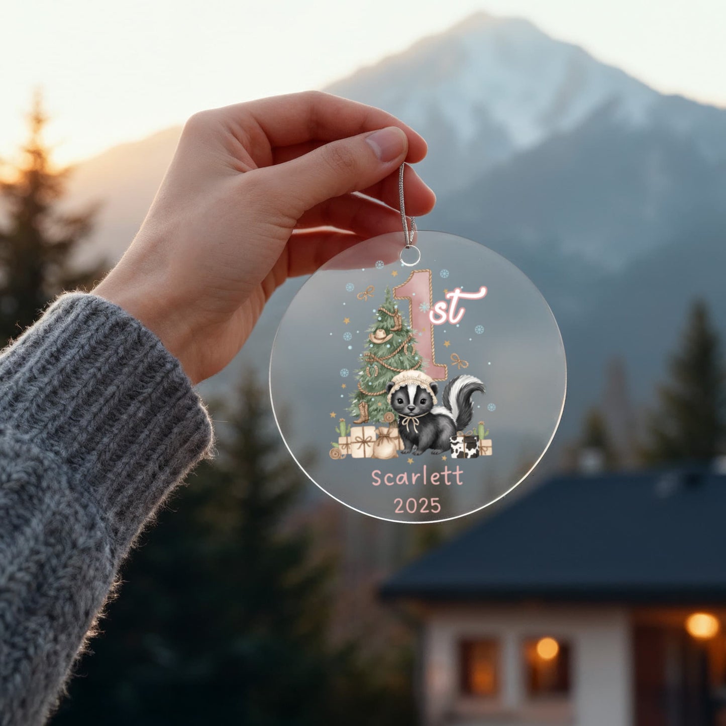 Baby's First Christmas Cute Skunk Girl's Western Style Acrylic Ornament – Personalized Name and Year – Holiday Keepsake – 3” Clear Round Ornament for Newborns, Infants