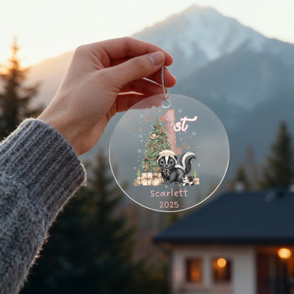 Baby's First Christmas Cute Skunk Girl's Western Style Acrylic Ornament – Personalized Name and Year – Holiday Keepsake – 3” Clear Round Ornament for Newborns, Infants