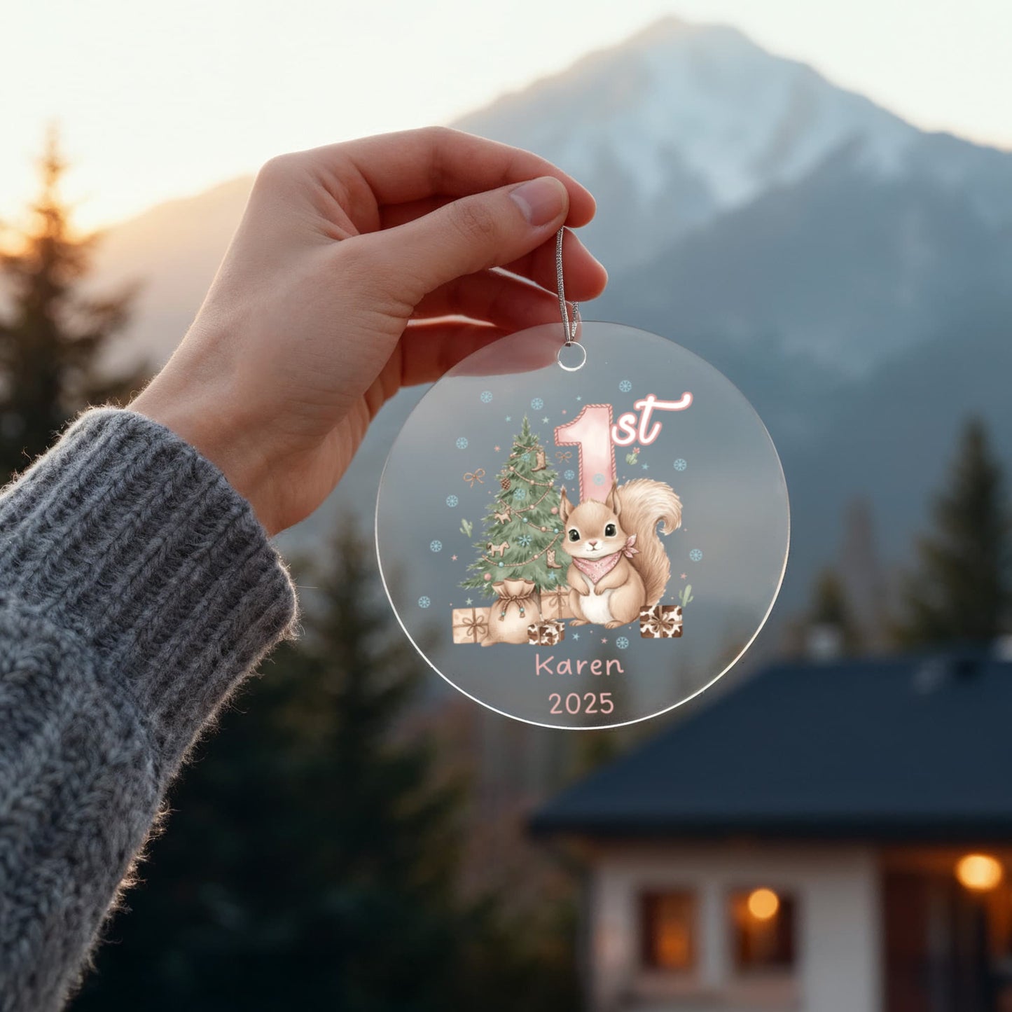 Baby's First Christmas Cute Squirrel Girl's Western Style Acrylic Ornament – Personalized Name and Year – Holiday Keepsake – 3” Clear Round Ornament for Newborns, Infants