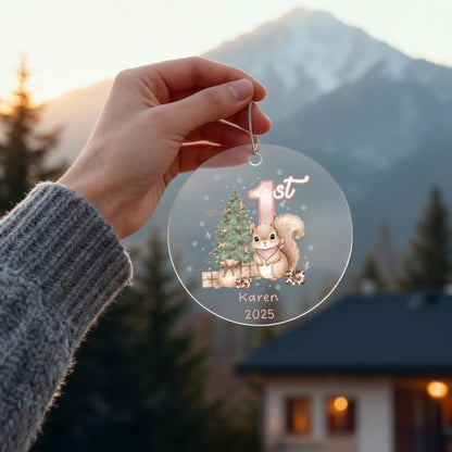 Baby's First Christmas Cute Squirrel Girl's Western Style Acrylic Ornament – Personalized Name and Year – Holiday Keepsake – 3” Clear Round Ornament for Newborns, Infants
