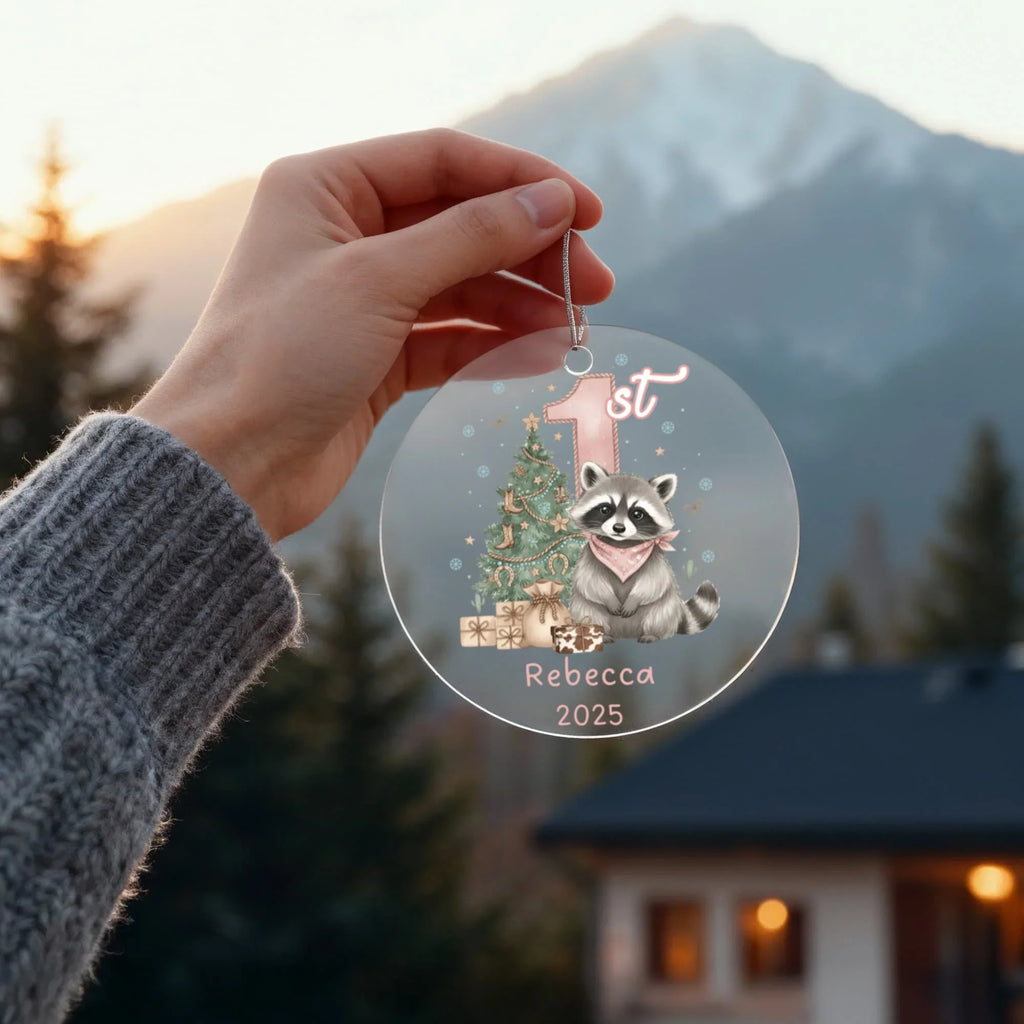 Baby Girl First Christmas Raccoon Western Style Acrylic Ornament – Personalized Name and Year – Holiday Keepsake – 3” Clear Round Ornament for Newborns, Infants