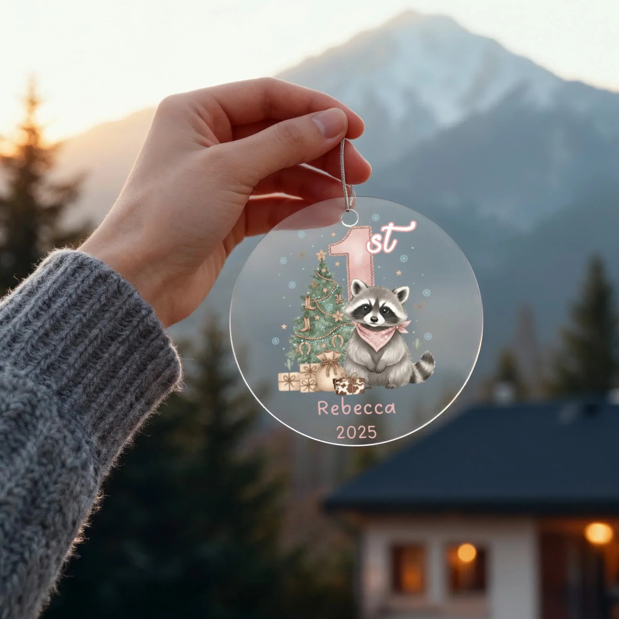 Baby Girl First Christmas Raccoon Western Style Acrylic Ornament – Personalized Name and Year – Holiday Keepsake – 3” Clear Round Ornament for Newborns, Infants