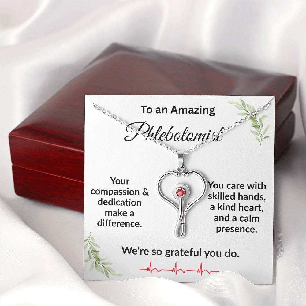 Personalized Stethoscope Heart Necklace with Custom Title – Appreciation Gift for Phlebotomist, Nurse, or Medical Professional
