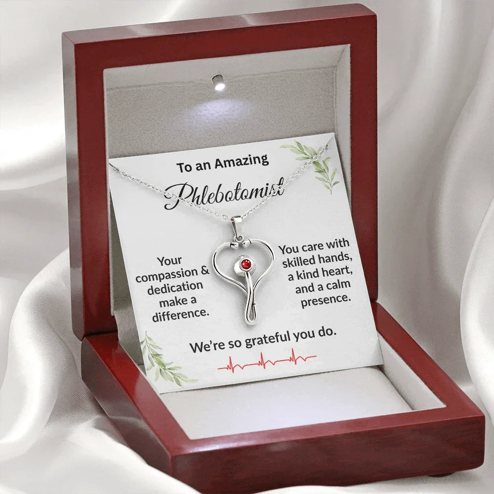 Personalized Stethoscope Heart Necklace with Custom Title – Appreciation Gift for Phlebotomist, Nurse, or Medical Professional