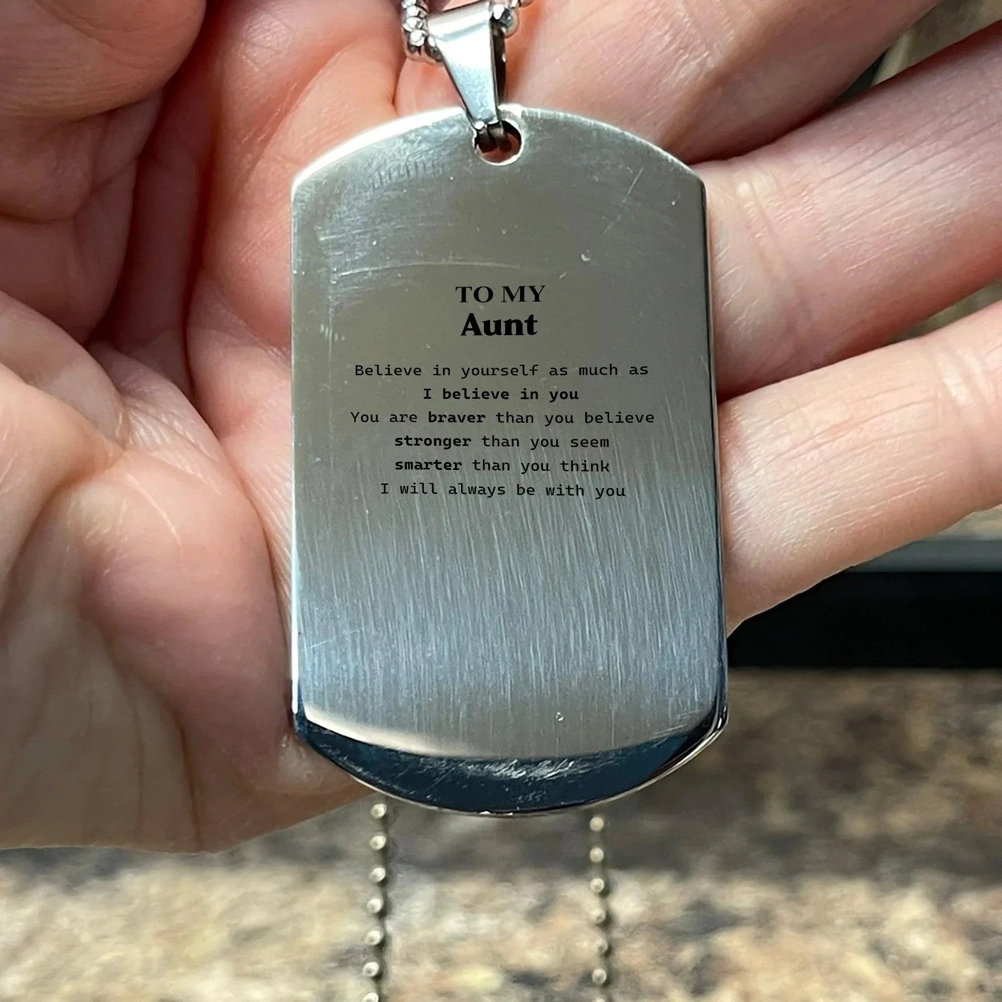 Aunt Silver Dog Tag Gifts, To My Aunt You are braver than you believe, stronger than you seem, Inspirational Gifts For Aunt Engraved, Birthday, Christmas Gifts For Aunt Men Women