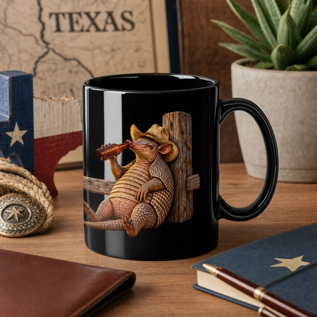 Funny Armadillo Black Coffee Mug, Texas Cowboy Mug, Beer Drinking Armadillo Gift, Western Coffee Cup, Funny Texas Gift for Him
