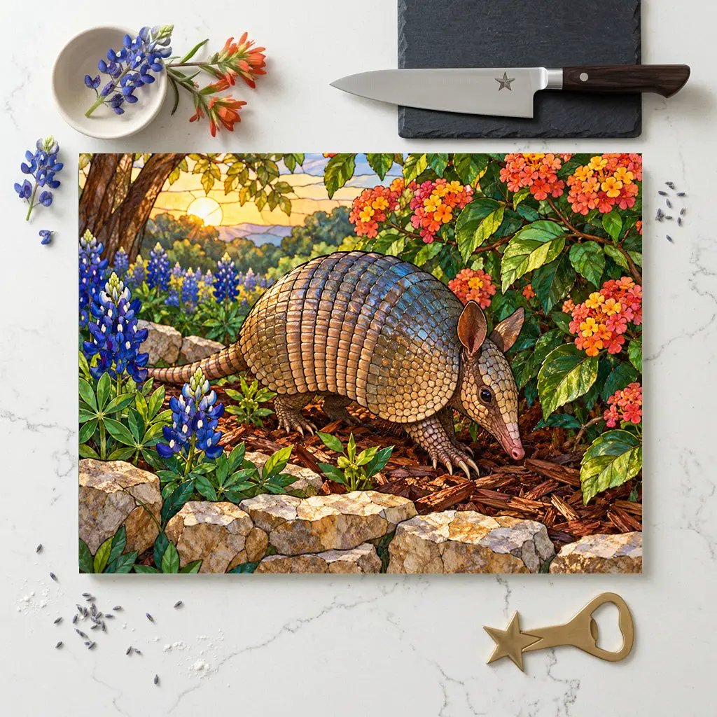 Armadillo Glass Cutting Board, Texas Kitchen Decor, Bluebonnet Armadillo Gift, Stained Glass Style Wildlife Art, Texas Housewarming Gift