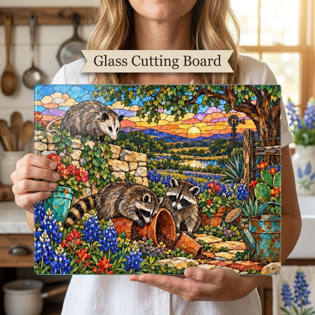 Mischief Opossum Glass Cutting Board, Texas Wildlife Kitchen Decor, Bluebonnet Possum Art, Funny Country Kitchen Gift, Texas Gift