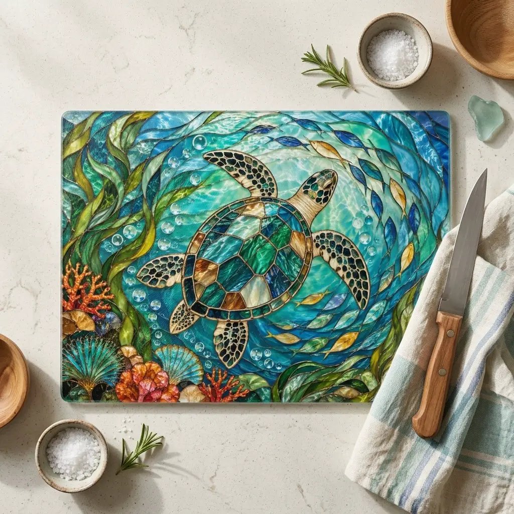 Sea Turtle Glass Cutting Board, Ocean Kitchen Decor, Coastal Serving Board, Underwater Sea Life Chopping Board, Beach House Gift Idea