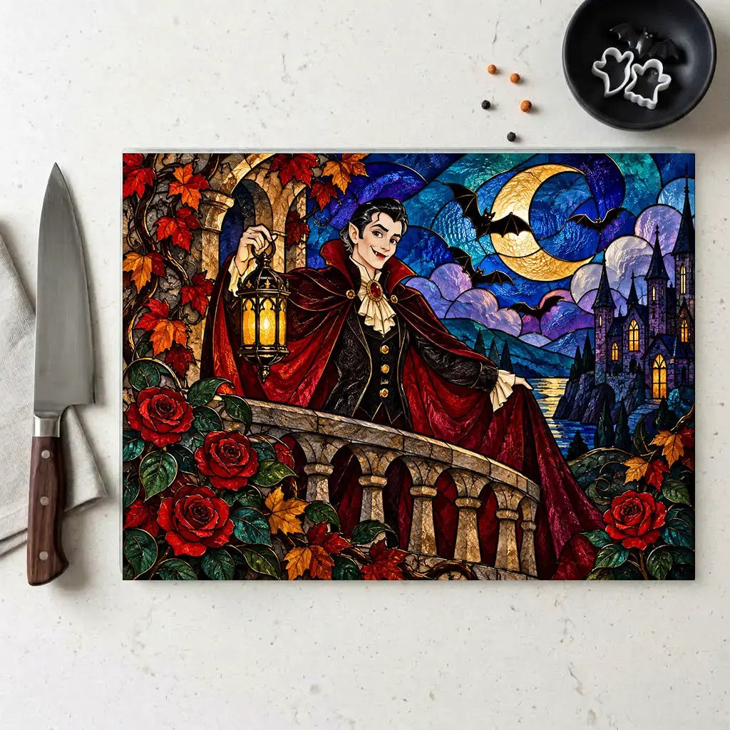 Halloween Dracula Personalized Glass Cutting Board, Spooky Vampire Kitchen Decor
